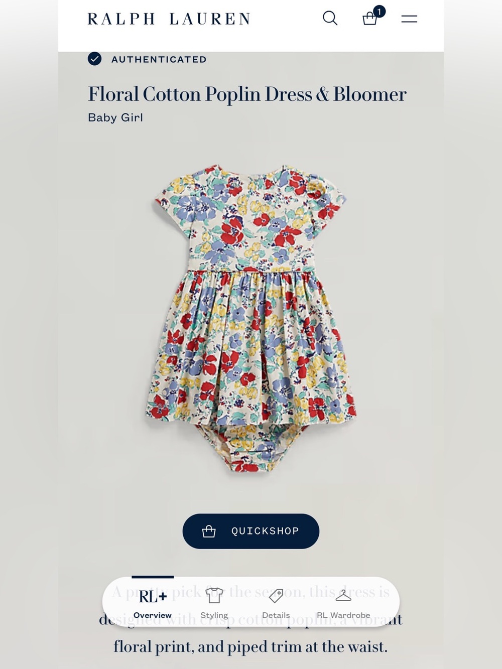 Ralph Lauren Baby Girl Floral Cotton Poplin Dress & Bloomer Set 18M